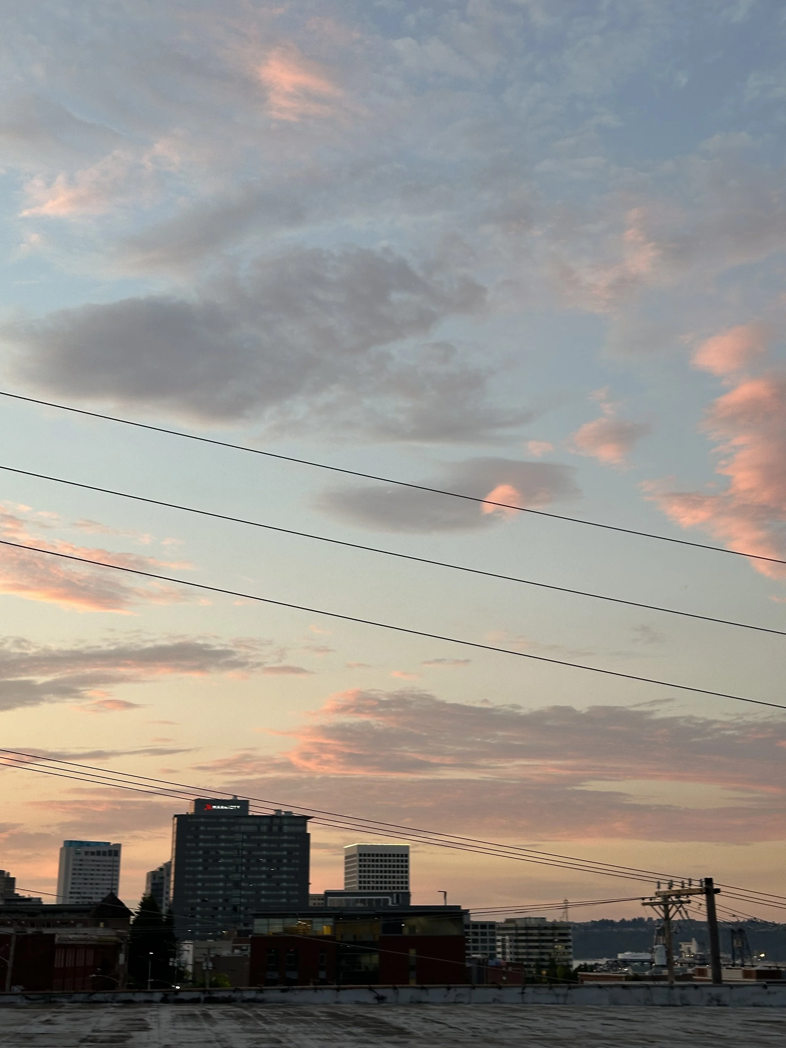 City skyline at sunset with pink and orange clouds and power lines in the sky.