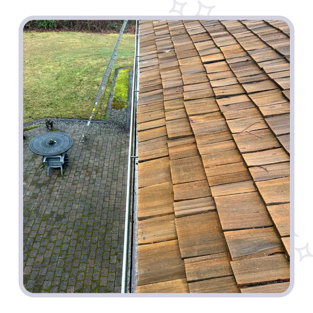 Two story gutter cleaning with safety equipment