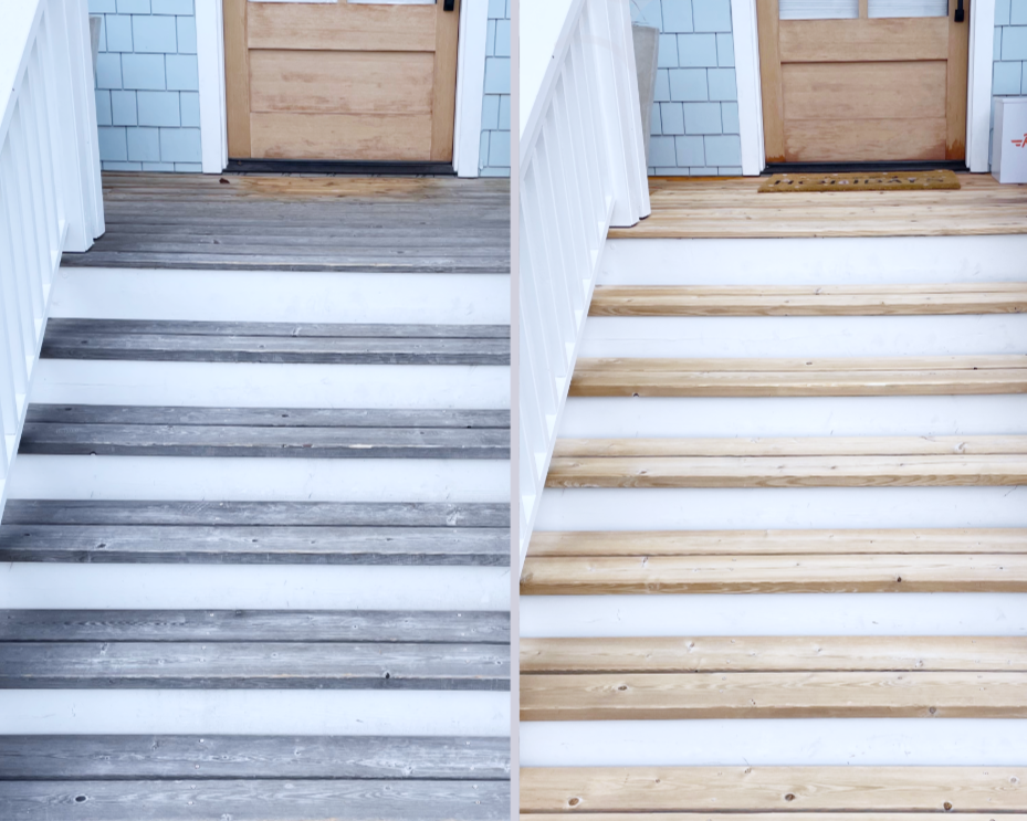 Comparison of outdoor front porch stairs before and after renovation, showing worn, gray wooden steps on the left and new, light-colored wooden steps on the right.
