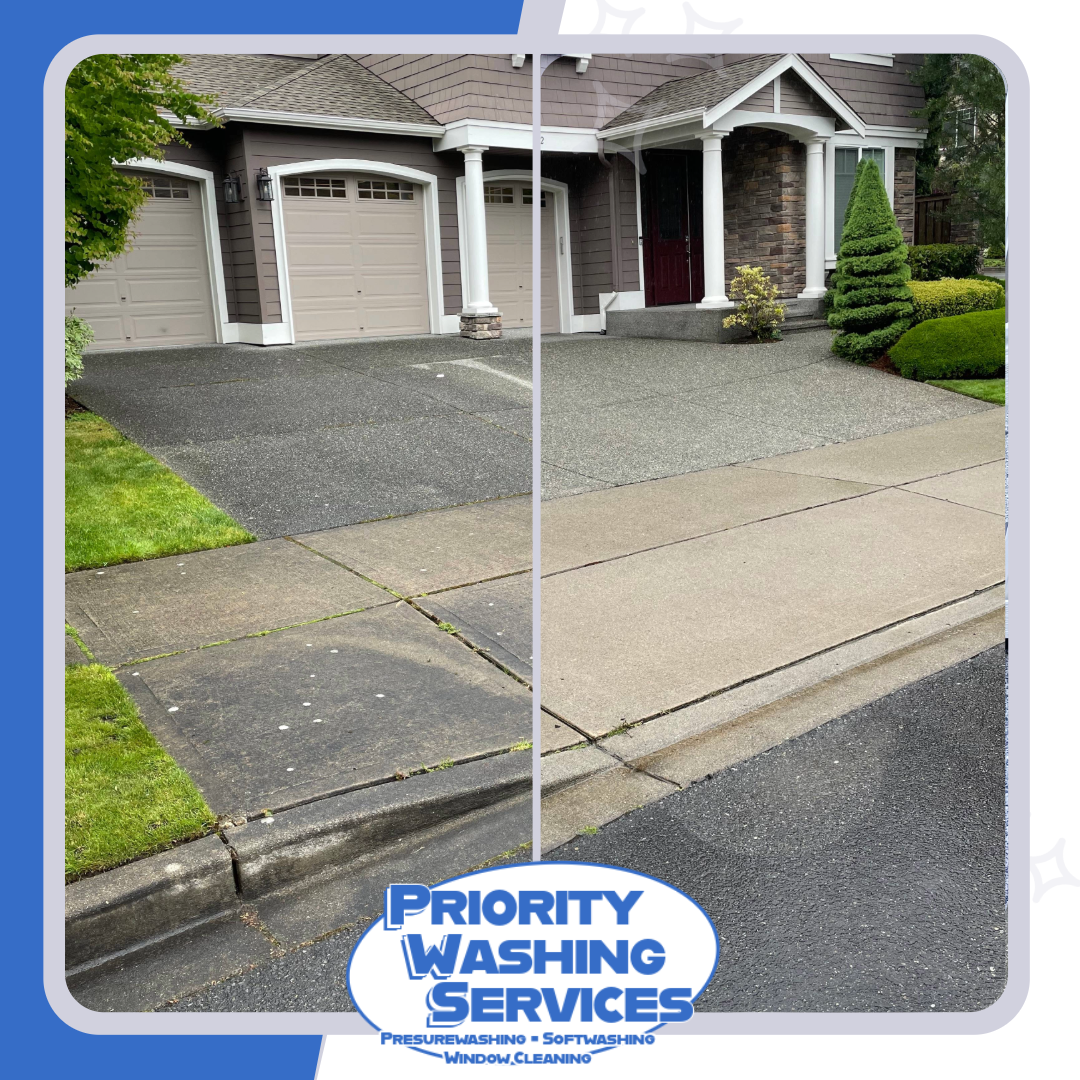 Comparison of a house's driveway before and after power washing, showing cleaner concrete and a tidy entrance.