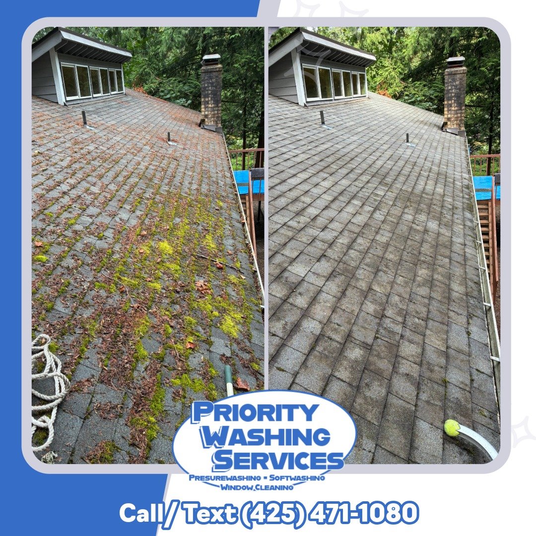 Side-by-side comparison of a dirty, moss-covered roof on the left and a clean, freshly washed roof on the right, promoting pressure washing services.