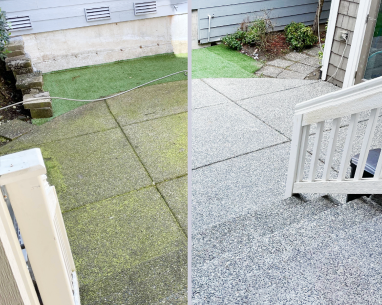 Comparison of a dirty, moss-covered concrete patio on the left and a clean, newly cleaned concrete patio on the right, showing the before and after of power washing.