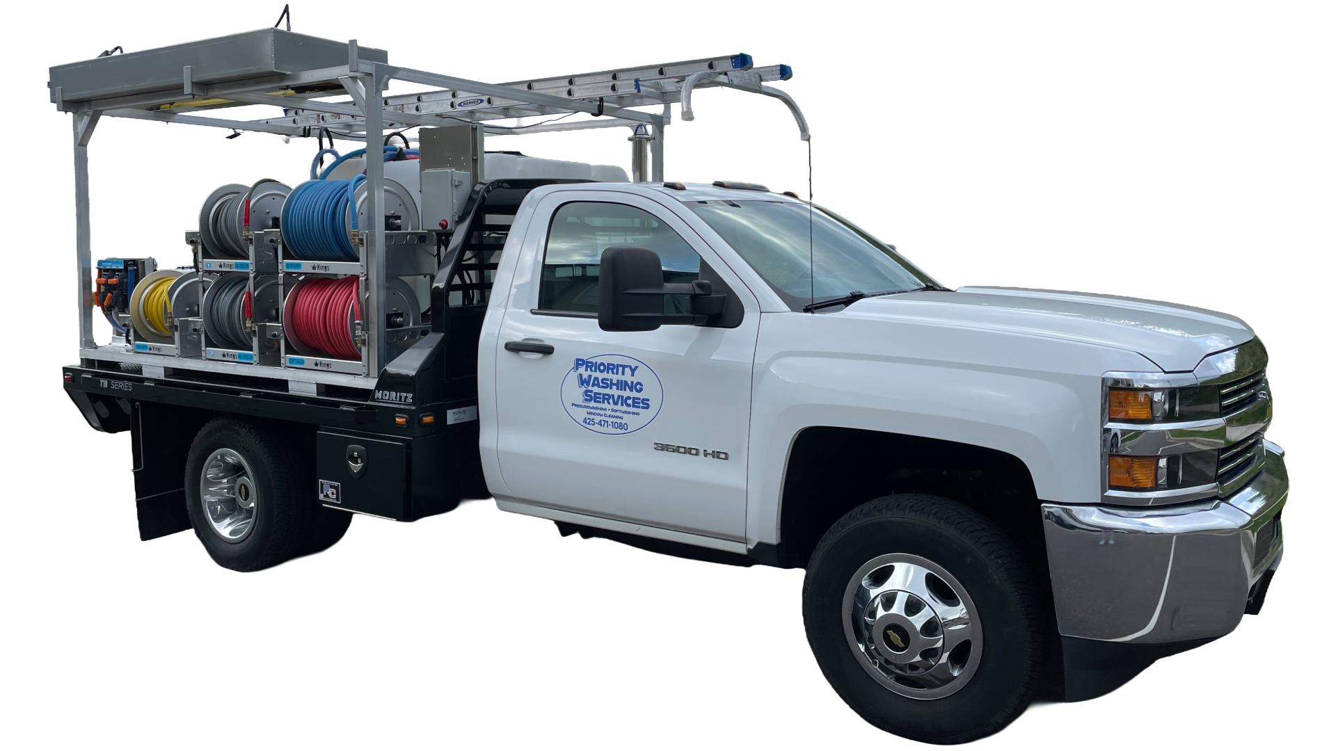 White service truck with hoses and equipment on its bed, labeled 'Priority Washing Services' on the door.