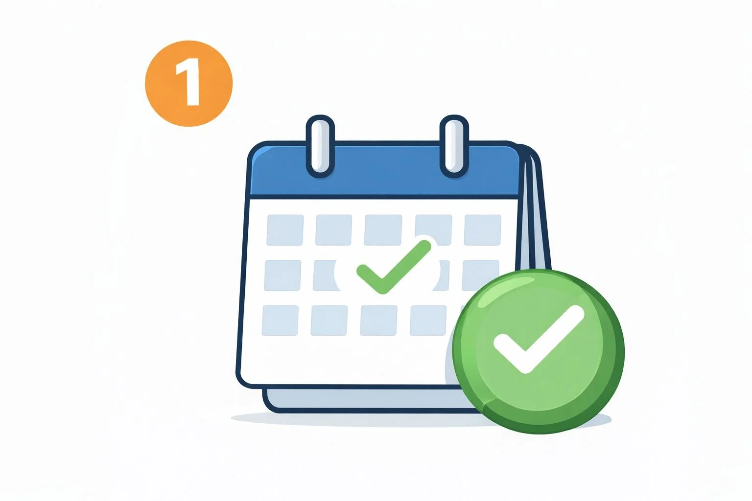 Illustration of a calendar with a green checkmark indicating an approved or completed date, alongside a green confirmation badge; used to represent scheduling or completion for a Fasconreno retaining wall project.