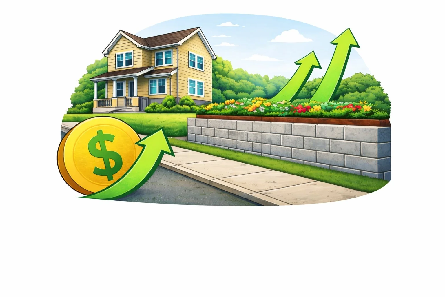 Illustration of a well-maintained suburban home with a stone retaining wall, colorful garden beds, and upward green arrows alongside a dollar symbol, representing increased property value and improved curb appeal from professional landscaping.