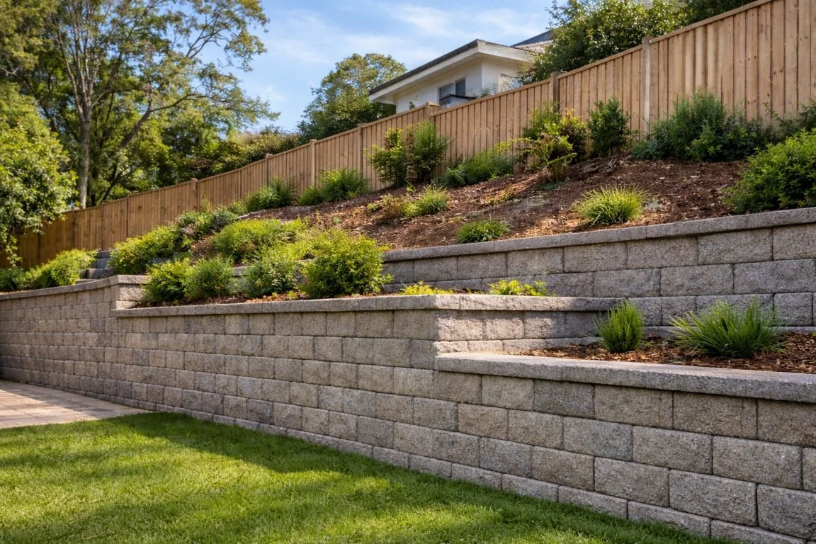 Retaining wall built on a sloped Sydney block to stabilize soil and prevent erosion