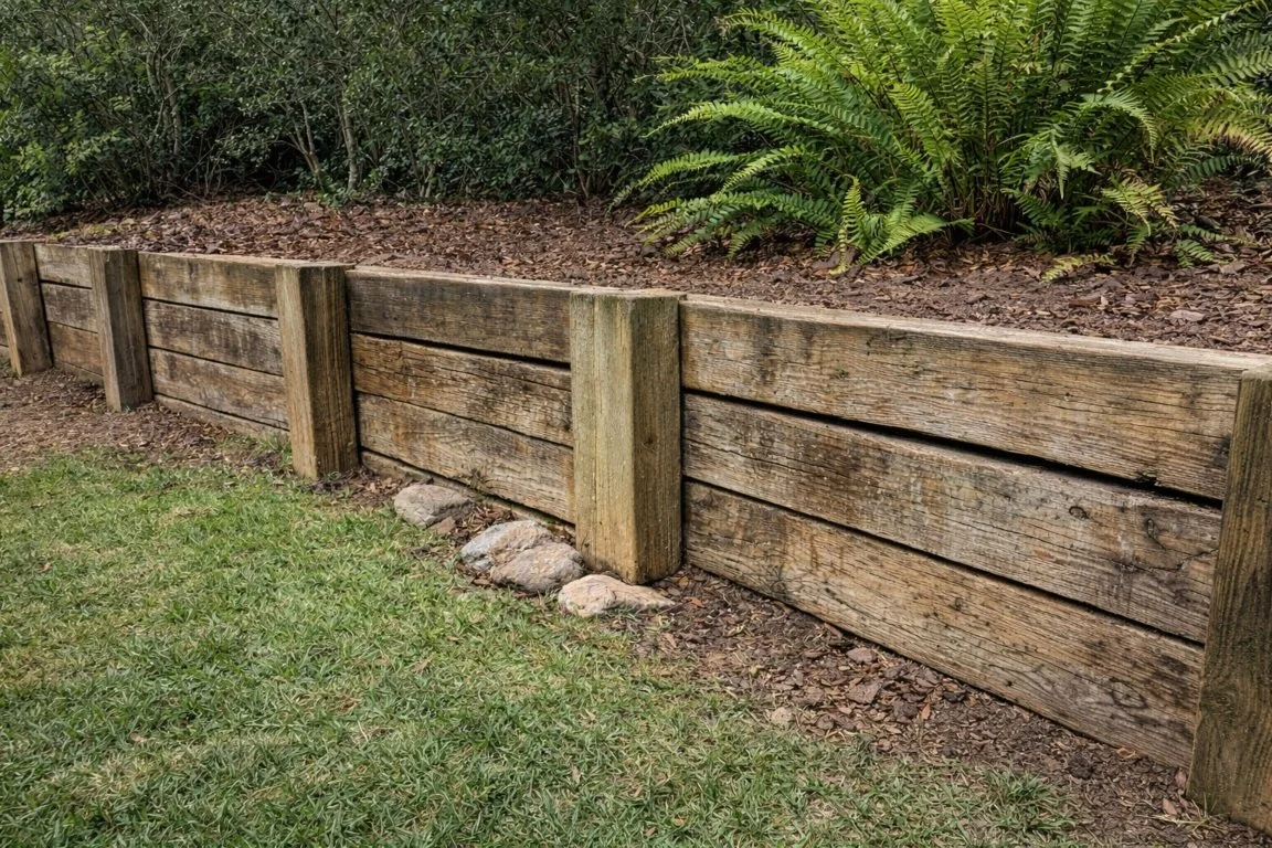 Treated timber retaining wall in Sydney showing signs of weathering and soil pressure