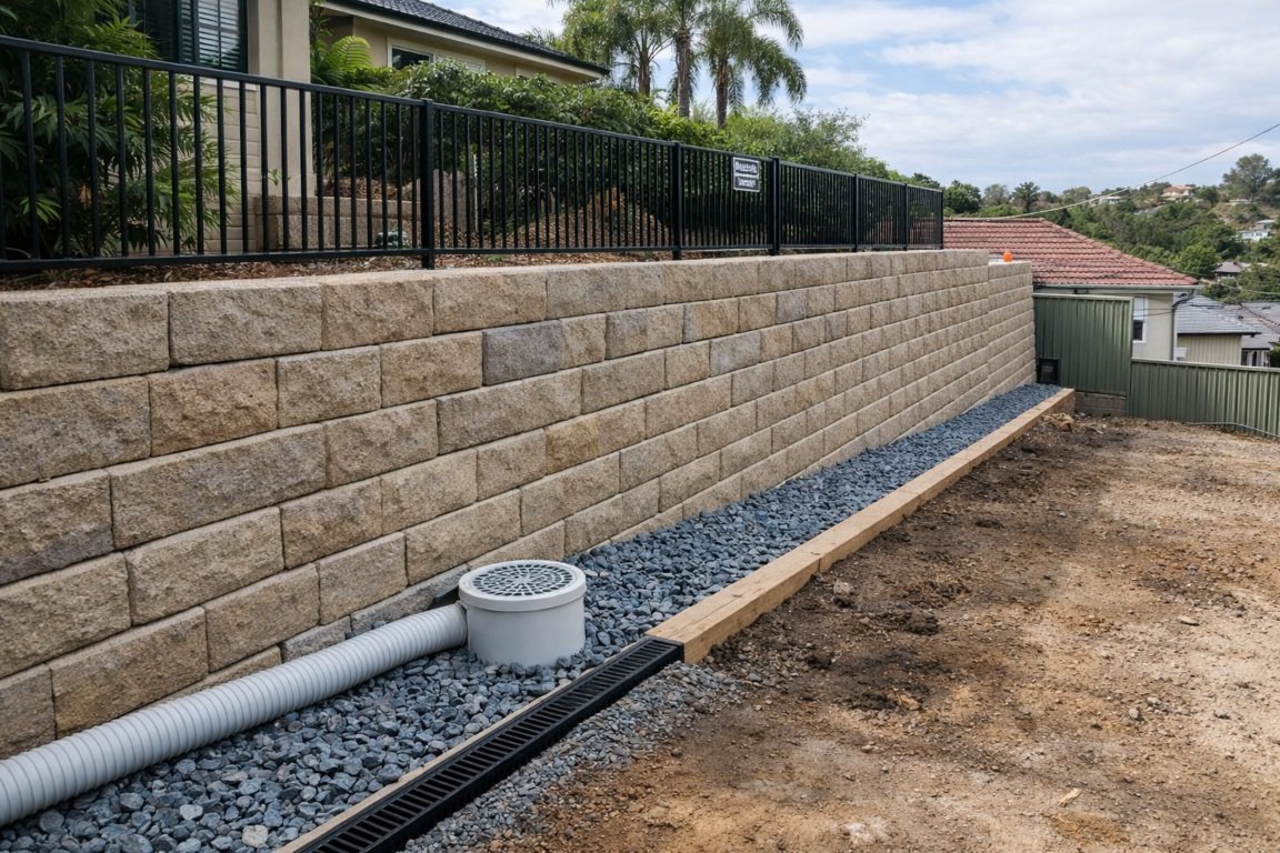 Boundary retaining wall Sydney requiring council approval and drainage system