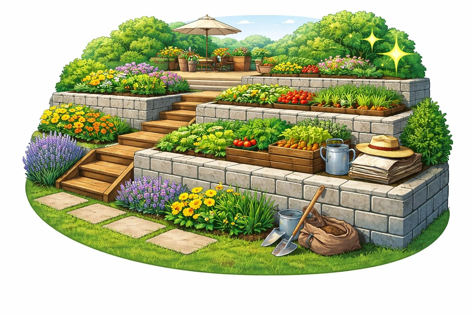 Illustration of a multi-level terraced garden supported by stone retaining walls, featuring raised planting beds with flowers and vegetables, wooden steps between levels, and a patio seating area above, showcasing enhanced landscaping and garden terr