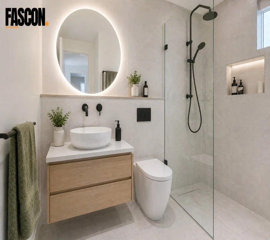 Small bathroom renovation Sydney with floating vanity, frameless glass shower and light tiles making space look bigger