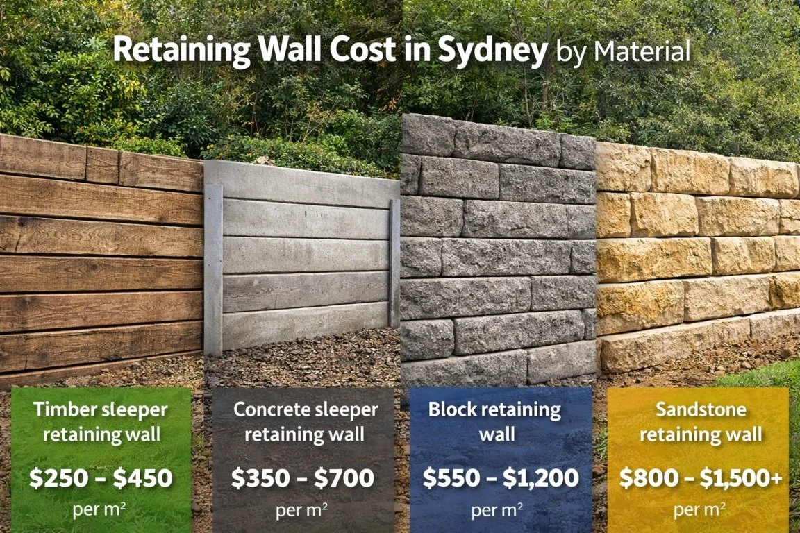Retaining wall cost in Sydney by material showing timber sleeper, concrete sleeper, block, and sandstone retaining wall prices per square metre
