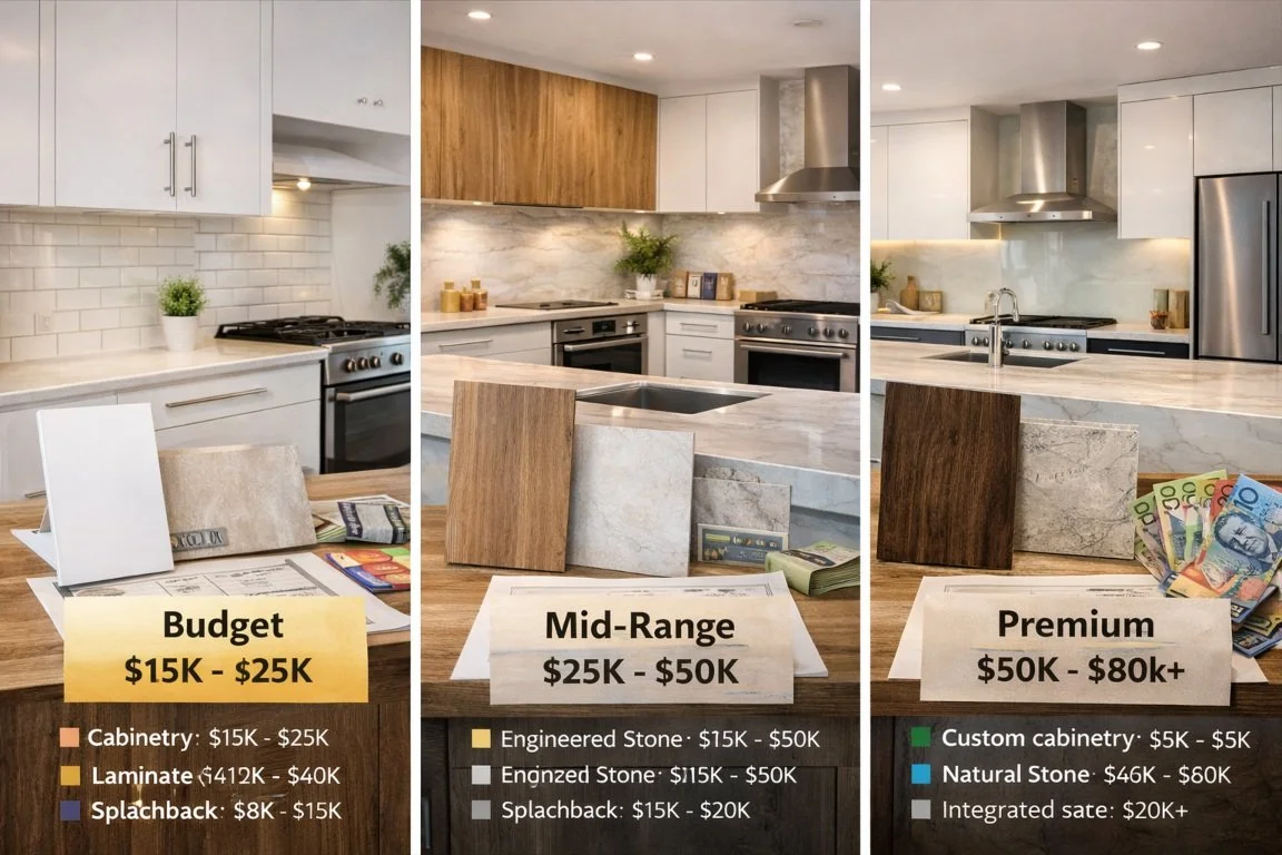 Kitchen renovation cost breakdown showing budget, mid-range and premium options for Sydney homes in 2026