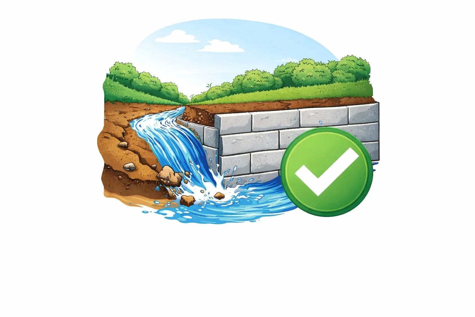 Illustration of a retaining wall holding back soil on a sloped landscape while water flows safely over a controlled channel, preventing erosion, with greenery above the wall and a green checkmark indicating effective water and soil management.
