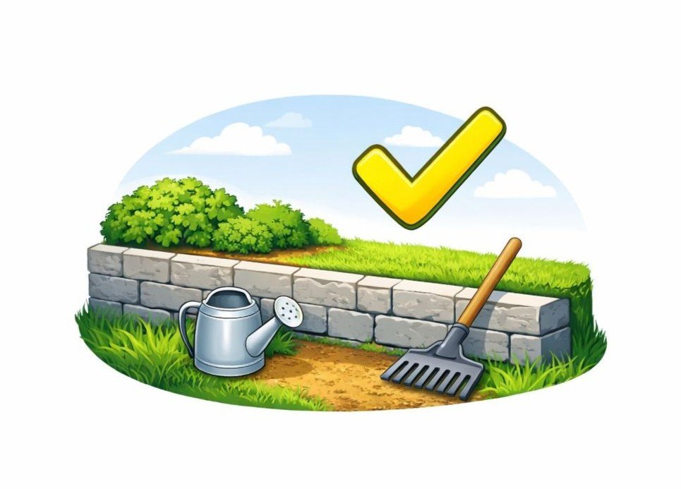 Stone retaining wall with grass and plants, gardening tools, and a checkmark symbolizing low-maintenance landscaping.