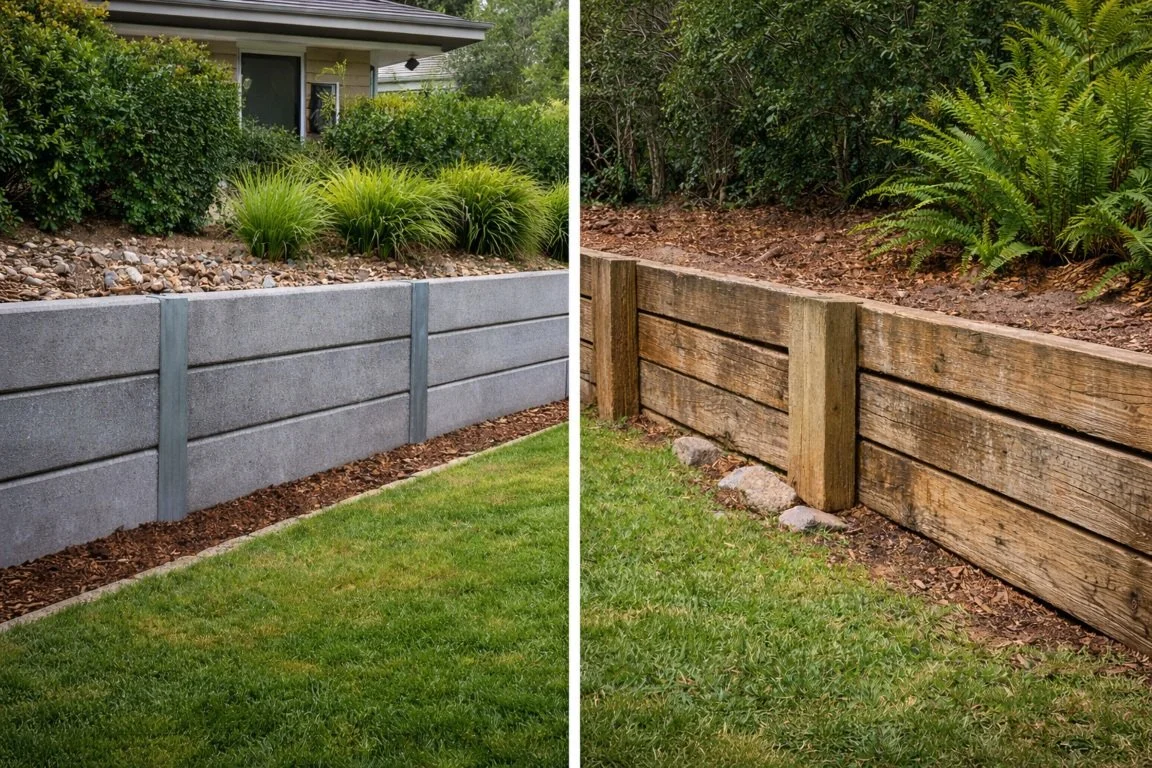 Concrete sleeper vs timber retaining wall comparison on a sloped Sydney residential property