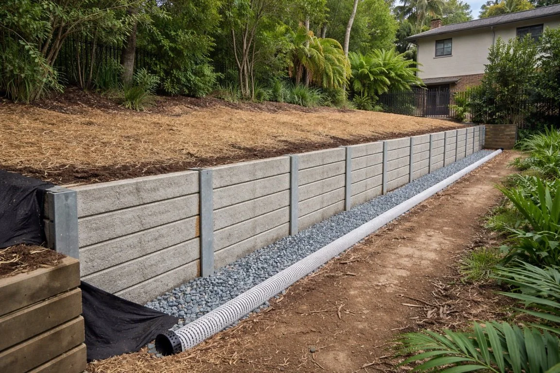 Concrete sleeper retaining wall installed on a sloping Sydney residential property with drainage and engineered construction