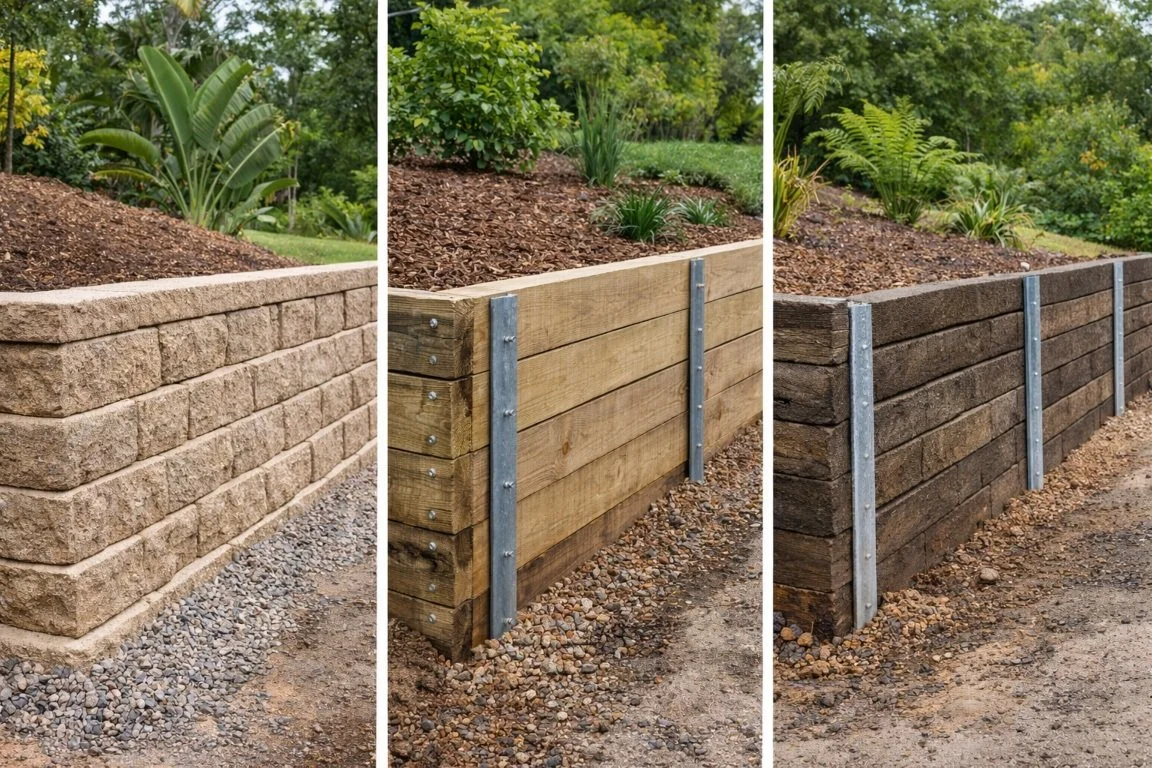 retaining wall types commonly used in Sydney including concrete timber and sleeper walls