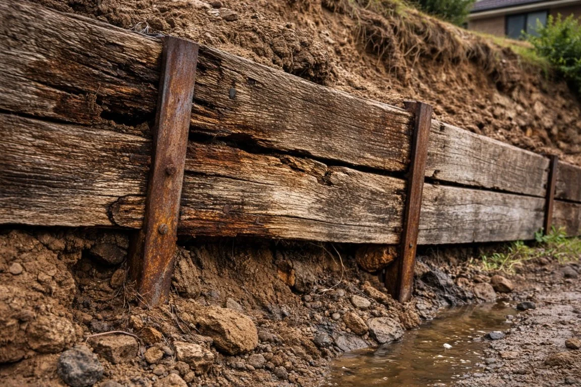 Failing timber retaining wall in Sydney showing signs of lean and rot that needs replacing