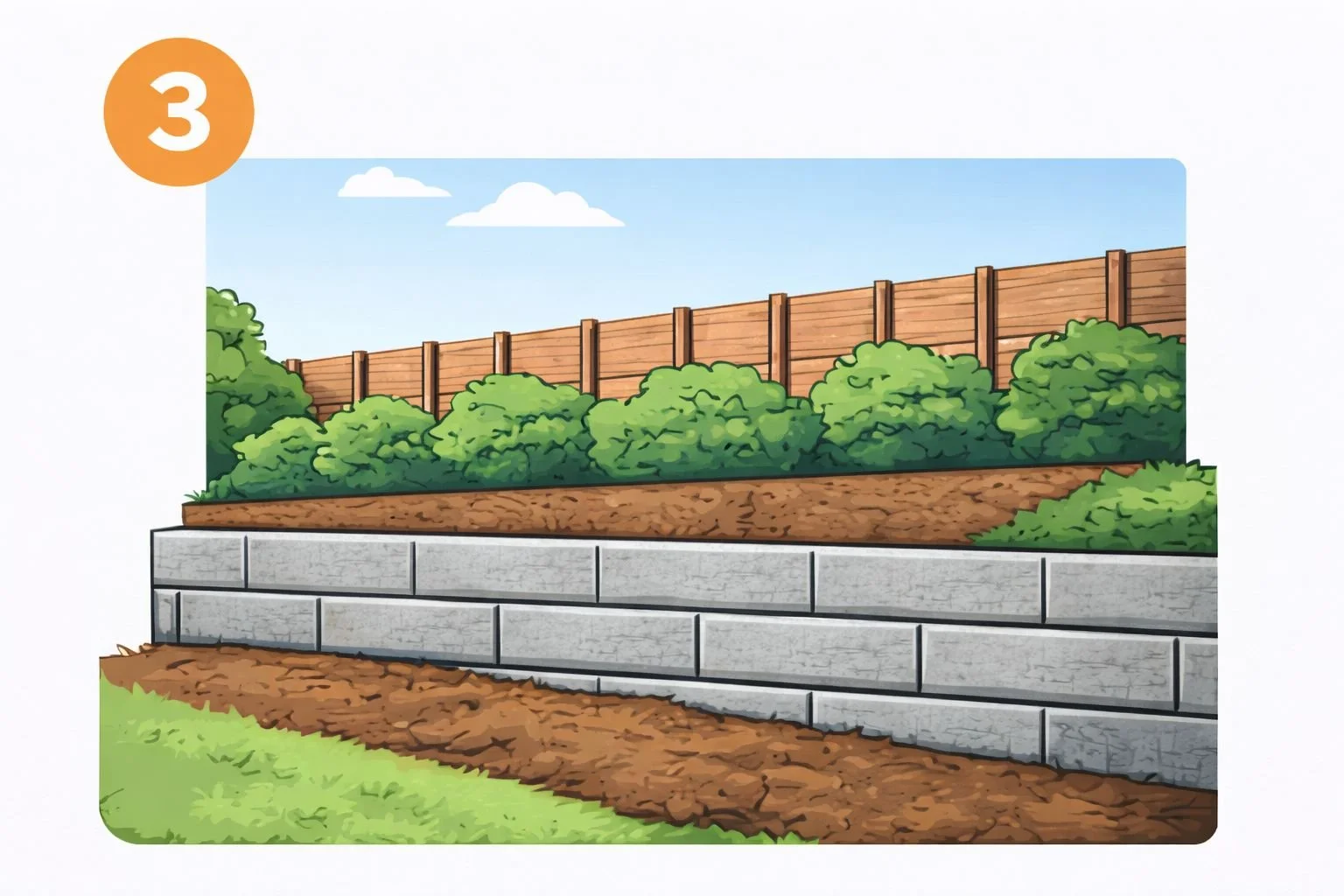 Illustration of a completed retaining wall made of stacked concrete blocks, holding back a soil embankment with shrubs and greenery on top, and a wooden fence running along the upper edge under a blue sky.
