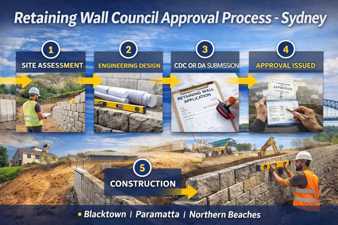 Retaining wall council approval process Sydney step by step diagram