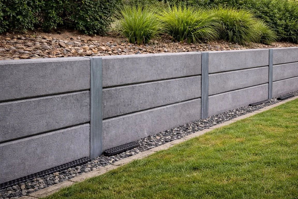 Reinforced concrete sleeper retaining wall with galvanized steel posts installed in Sydney