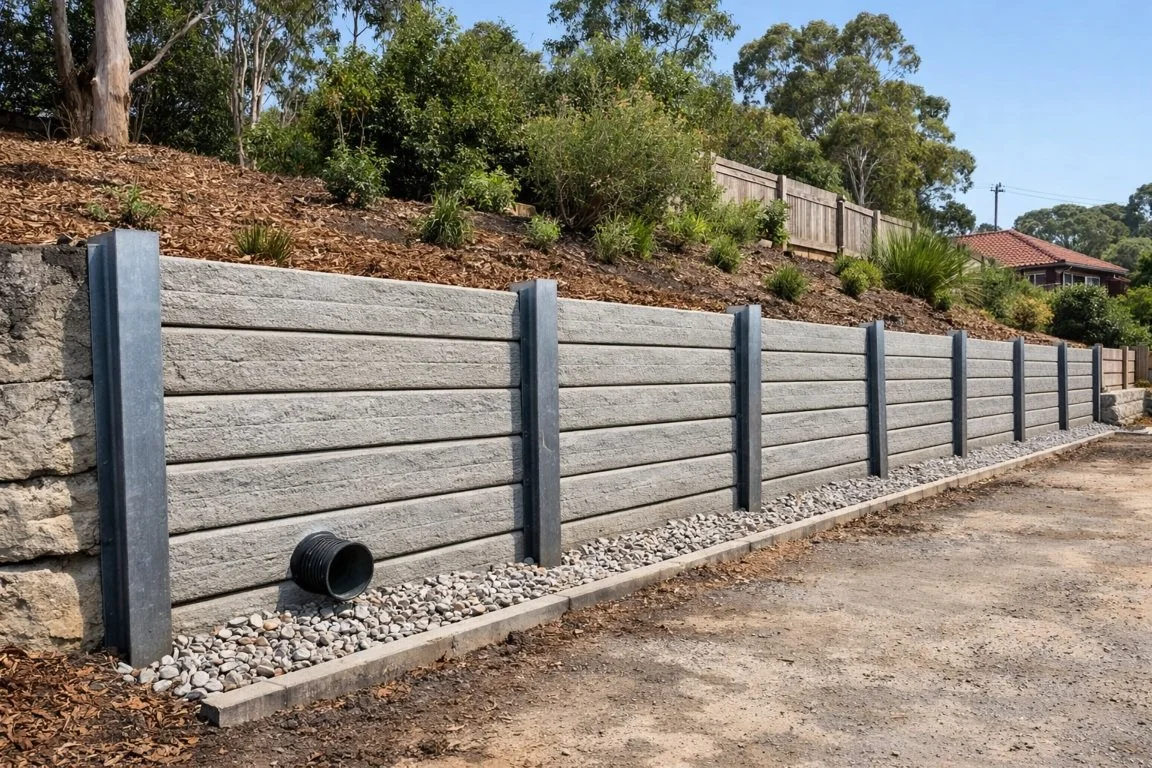 Engineered concrete sleeper retaining wall in Sydney built with proper drainage and steel posts for long-term durability.