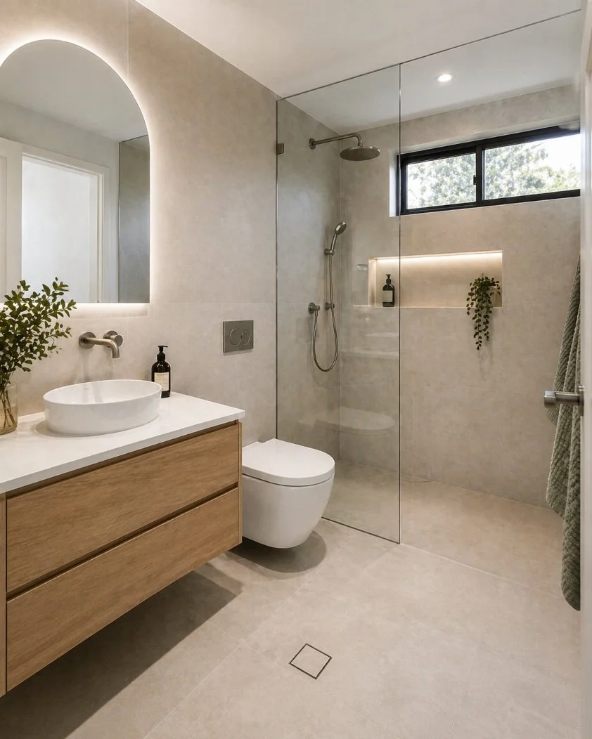 Small bathroom renovation Sydney with frameless glass shower, timber floating vanity and neutral tiles creating a modern spacious feel