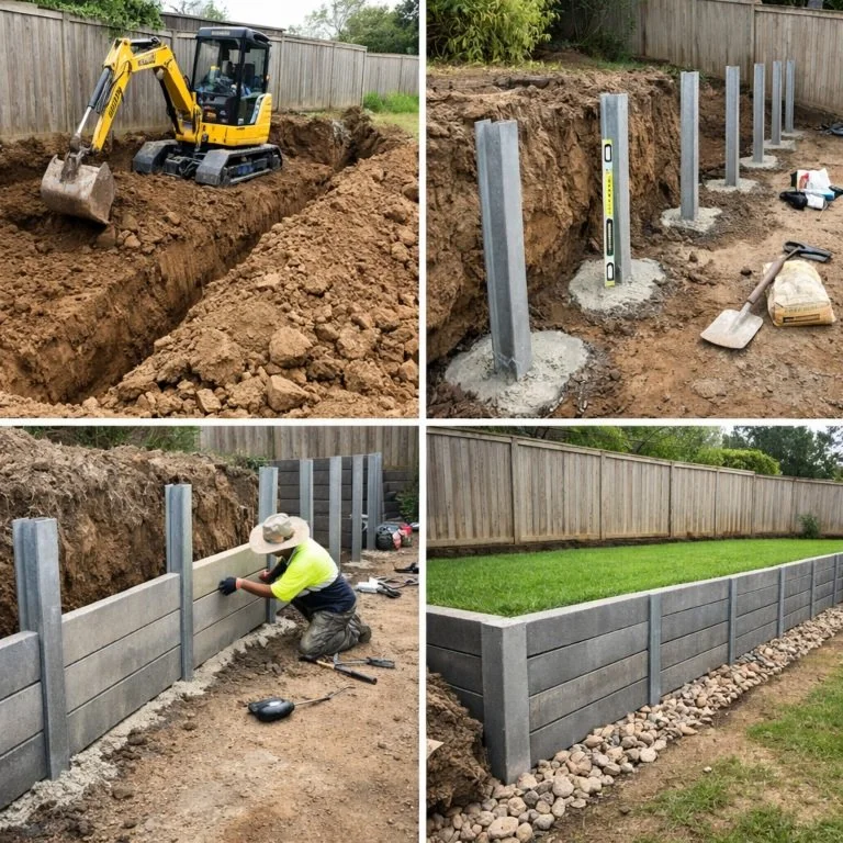 Retaining wall construction process in NSW showing excavation, post installation, sleeper wall construction, and finished retaining wall