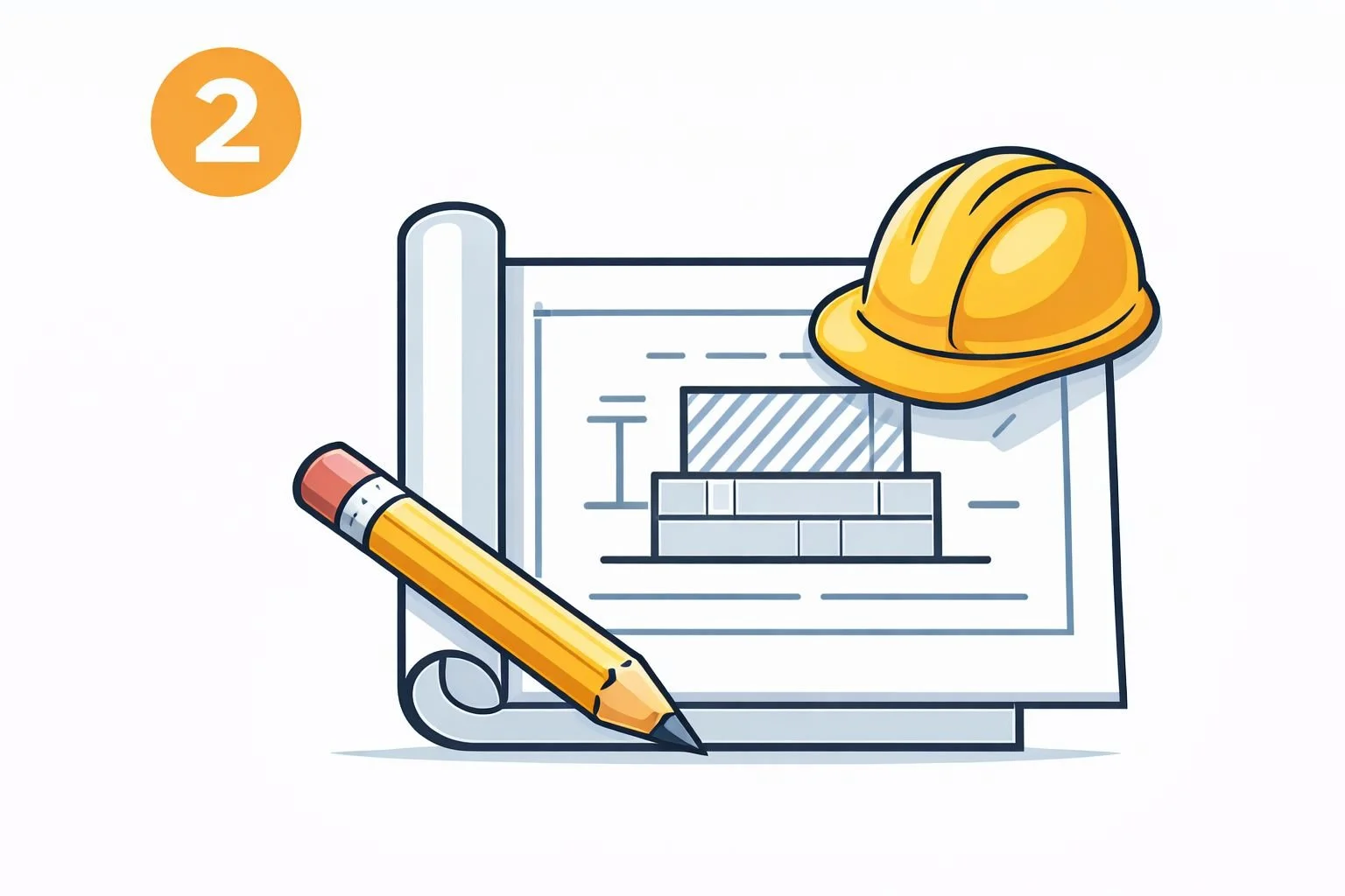 Illustration of a construction blueprint on a stand with a pencil in front and a yellow hard hat resting on the plans, representing planning and design for a construction or retaining wall project.