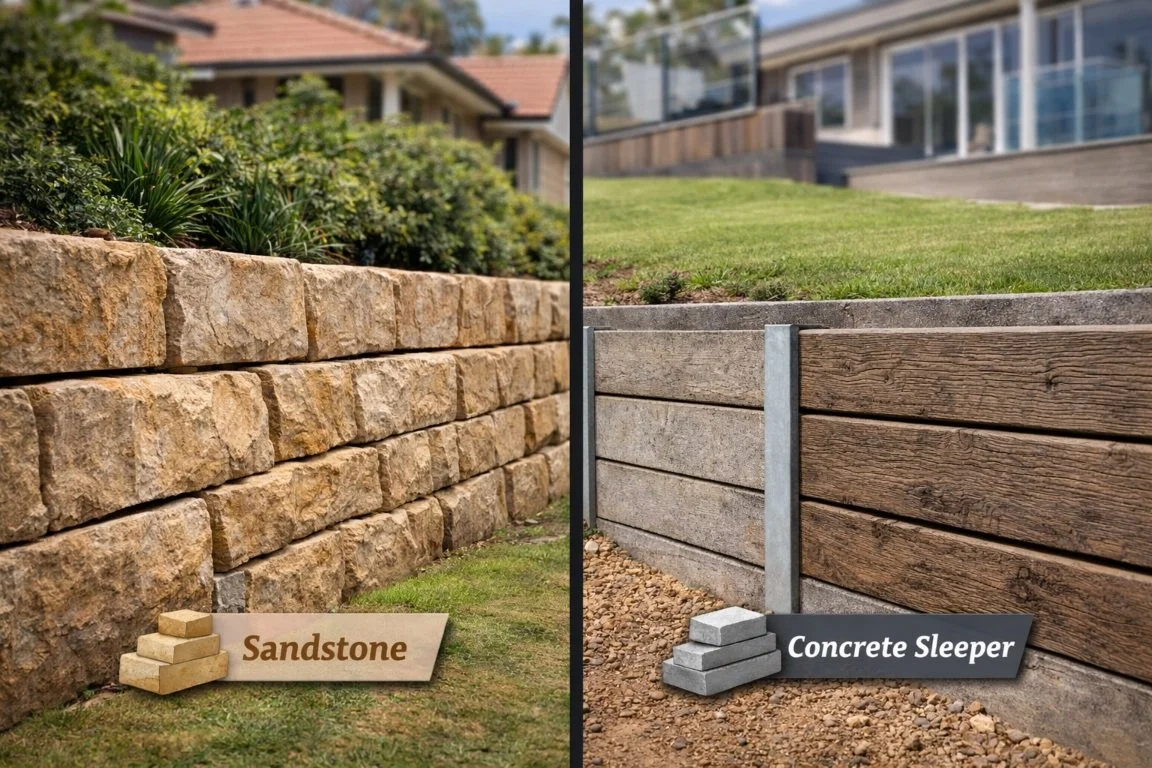 Comparison of sandstone retaining wall and concrete sleeper retaining wall side by side in Sydney residential properties