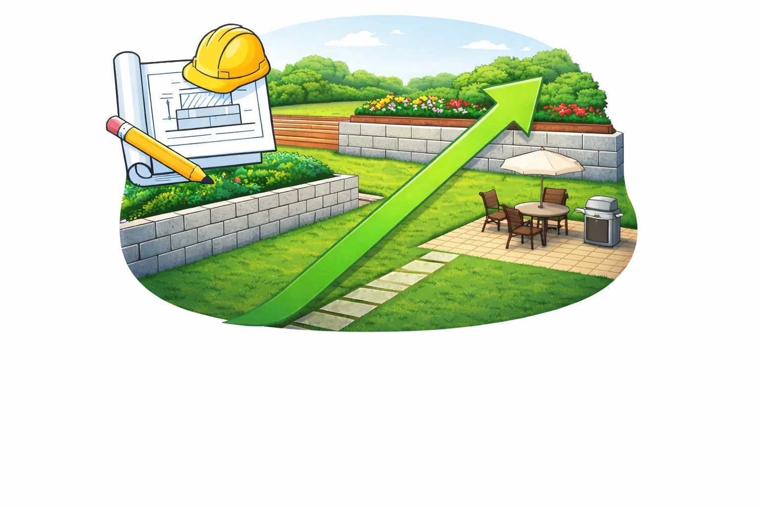 Illustration of a landscaped backyard with tiered retaining walls creating level yard space, featuring a patio with outdoor seating, garden beds above the wall, and a green upward arrow symbolizing increased usable outdoor space and improved design p