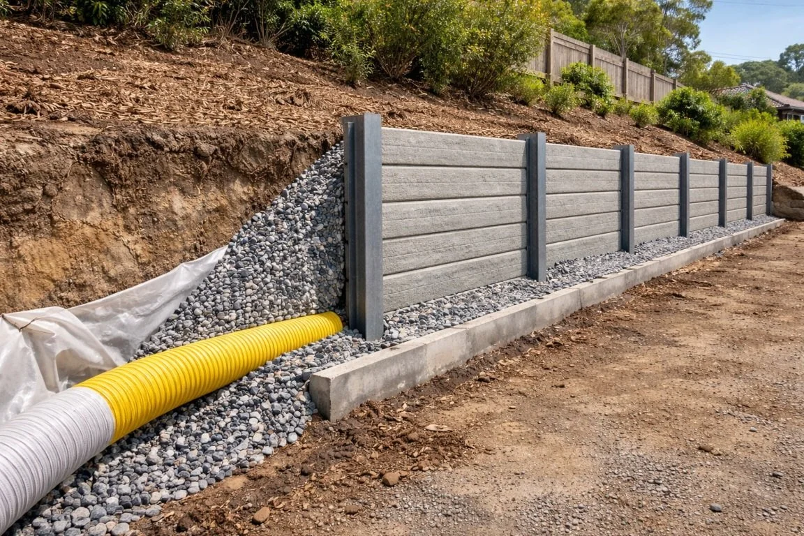 Retaining wall drainage system installation in Sydney showing ag pipe, gravel backfill, and reinforced footing for extended lifespan.