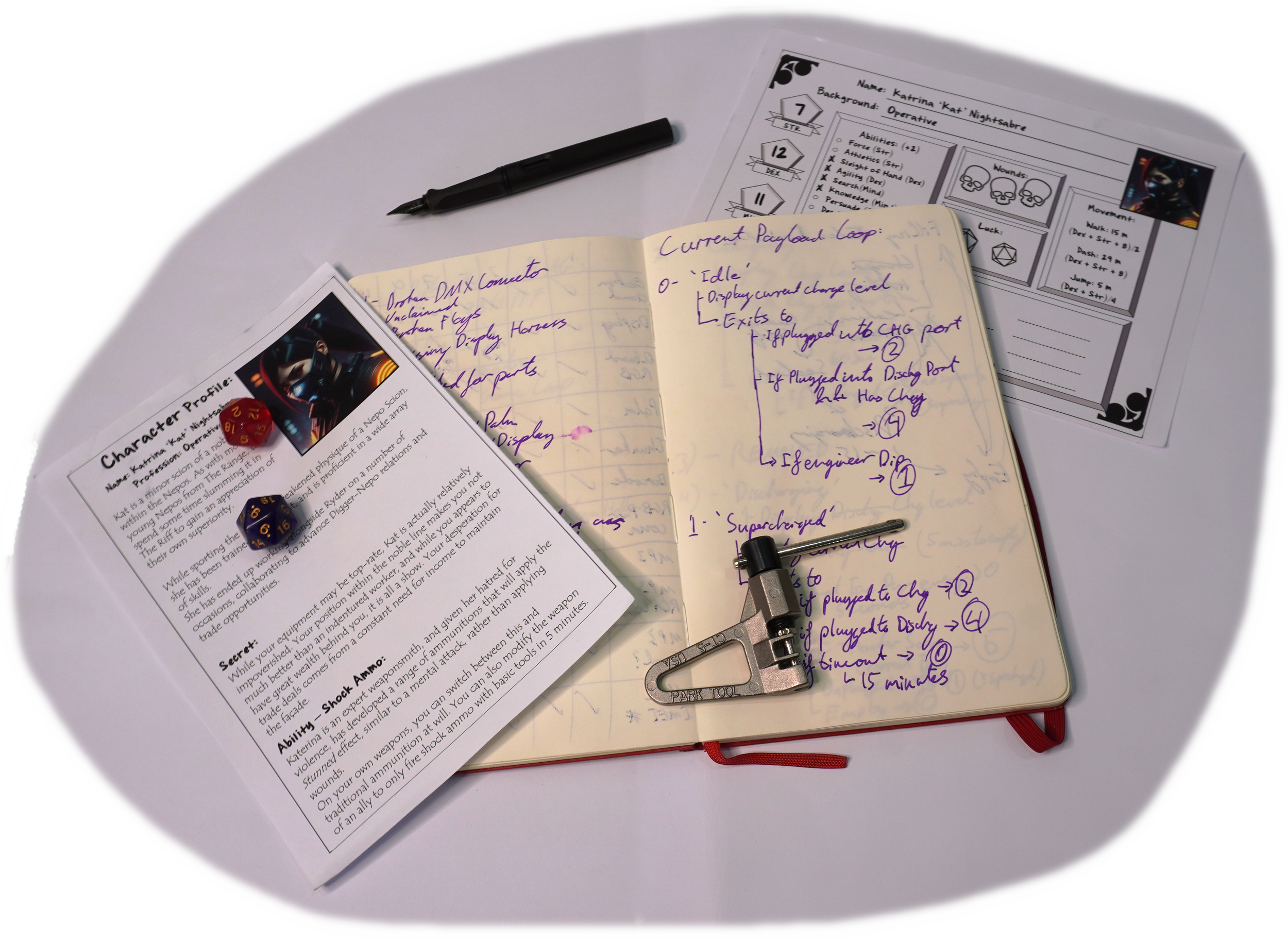 Tabletop role-playing game setup with character profile sheet, handwritten notes, and props.