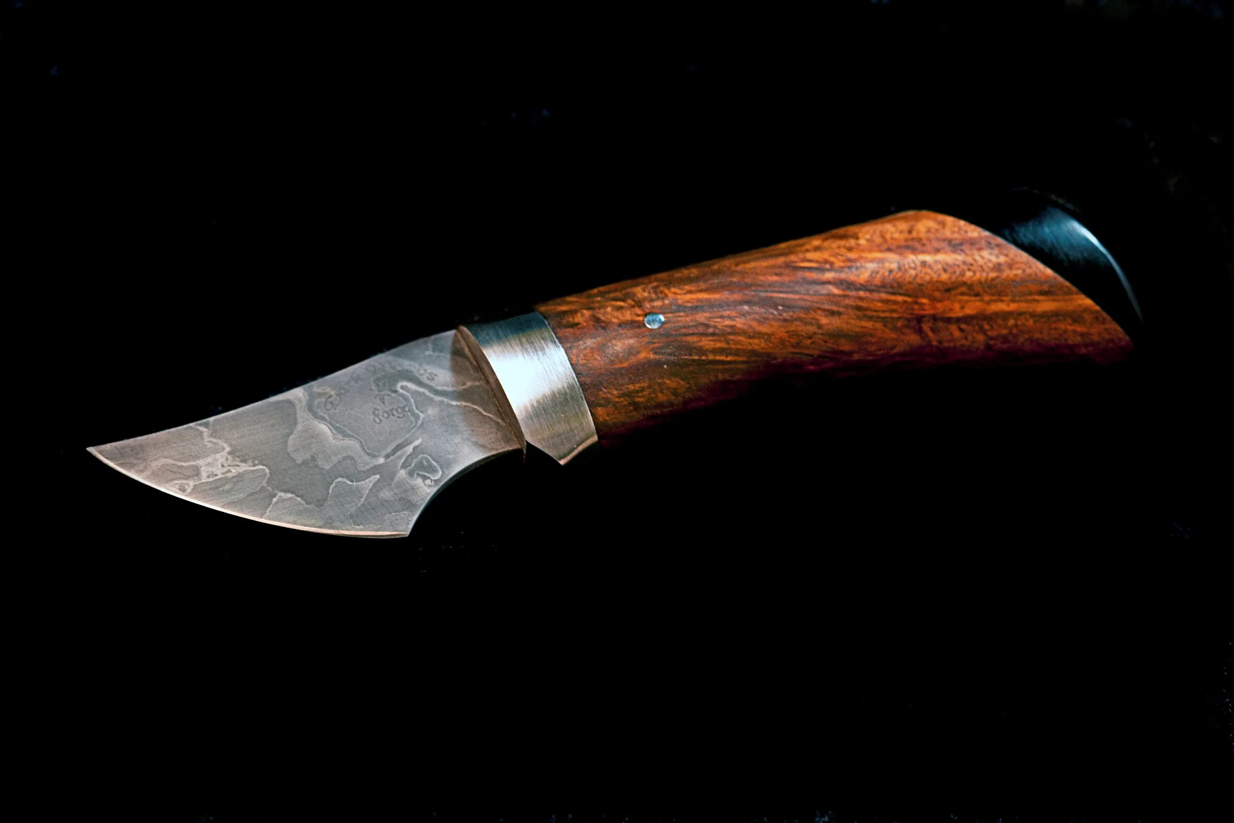 Mini knife. Damascus, water buffalo horn, mulga wood.