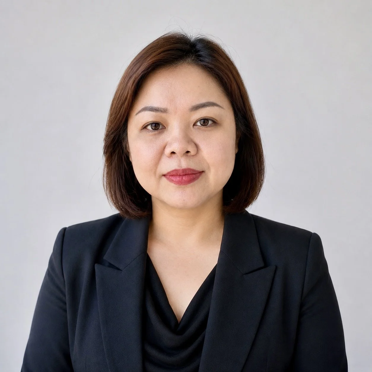 Portrait of a woman with shoulder-length hair, wearing a black blazer, looking directly at the camera with a neutral expression, standing against a plain light background.