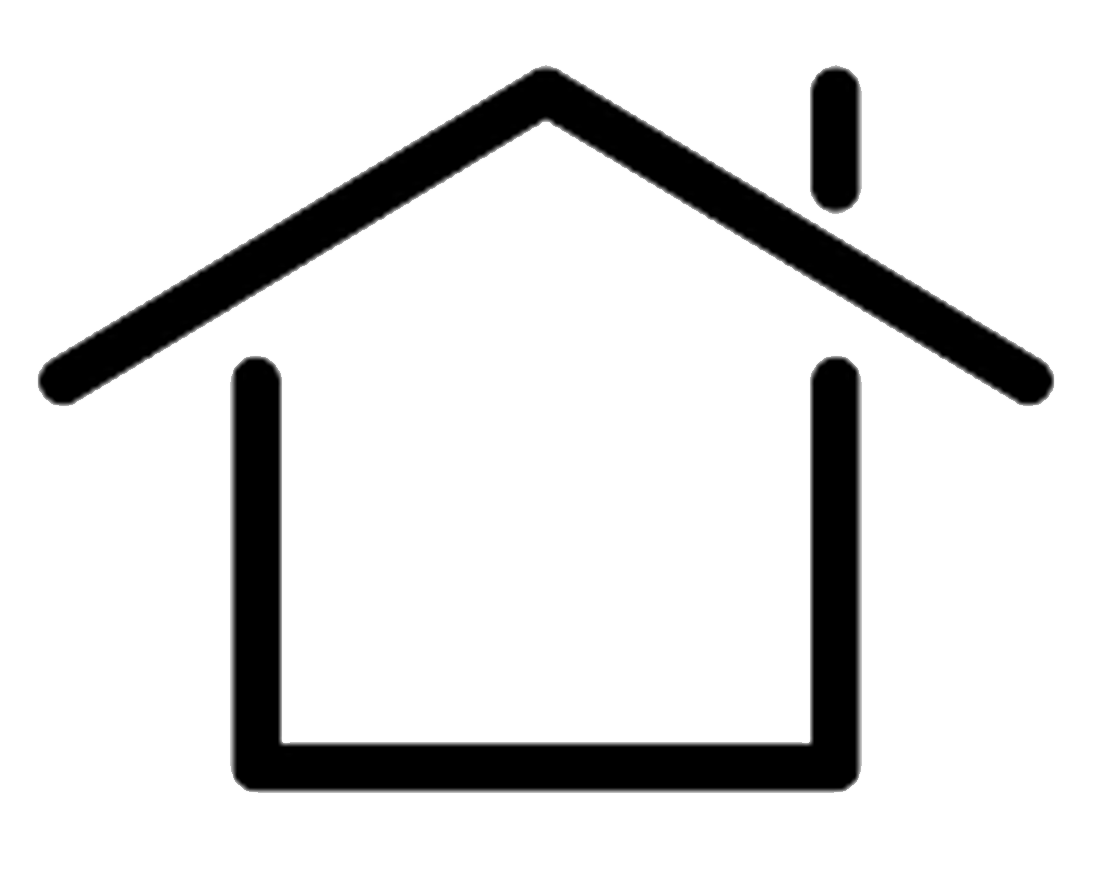 Line art icon of a house with a roof, walls, door, and chimney.