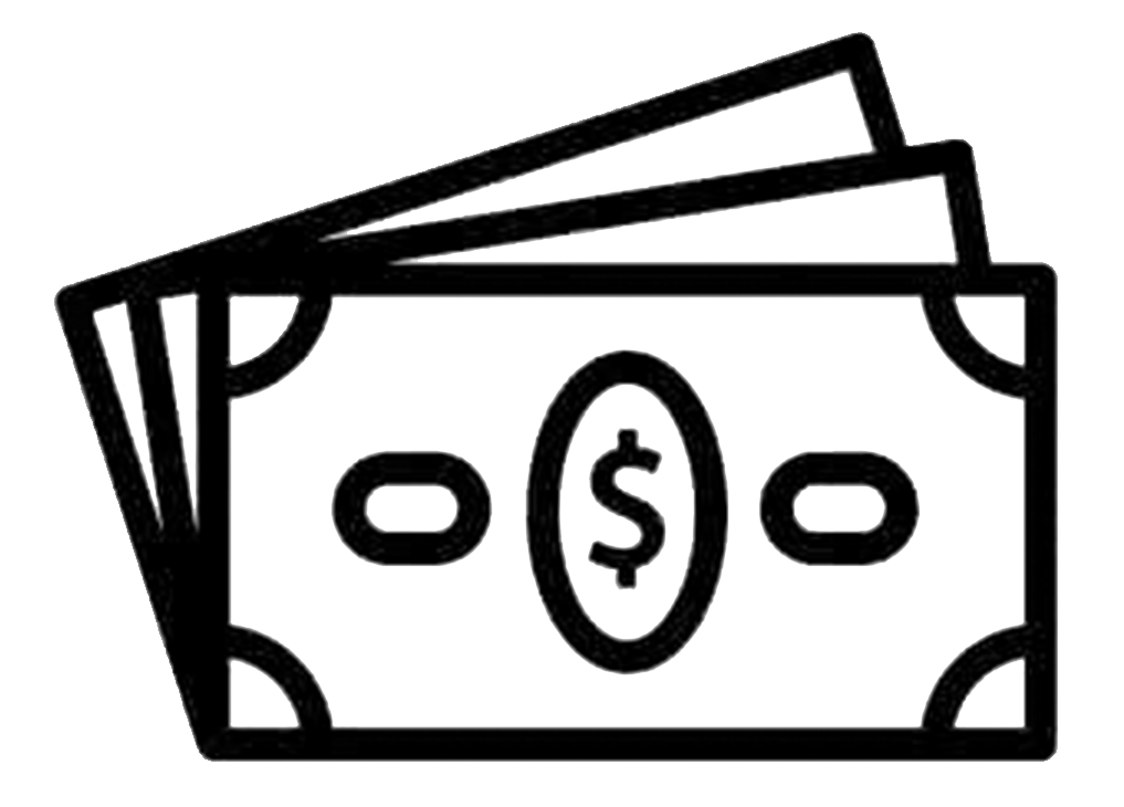Black and white illustration of a stack of dollar bills with a dollar sign in the center.