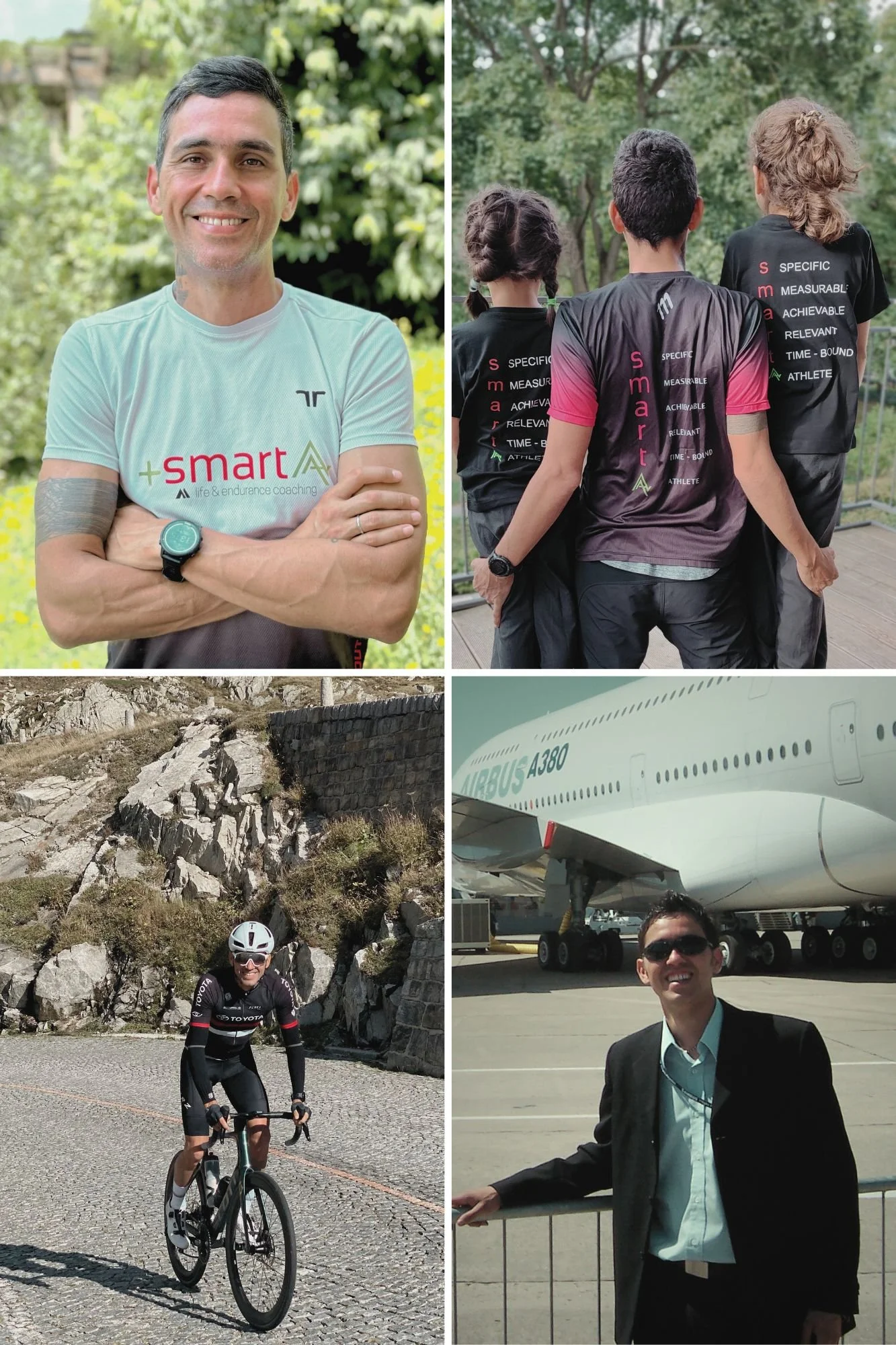 Collage de cuatro personas participando en actividades diferentes: una mujer en bicicleta en una carretera montañosa, un hombre en un aeropuerto con un avión Airbus A380 en el fondo, un grupo de personas en ropa deportiva de entrenamiento, y un hombre de negocios en la pista del aeropuerto junto a un avión.