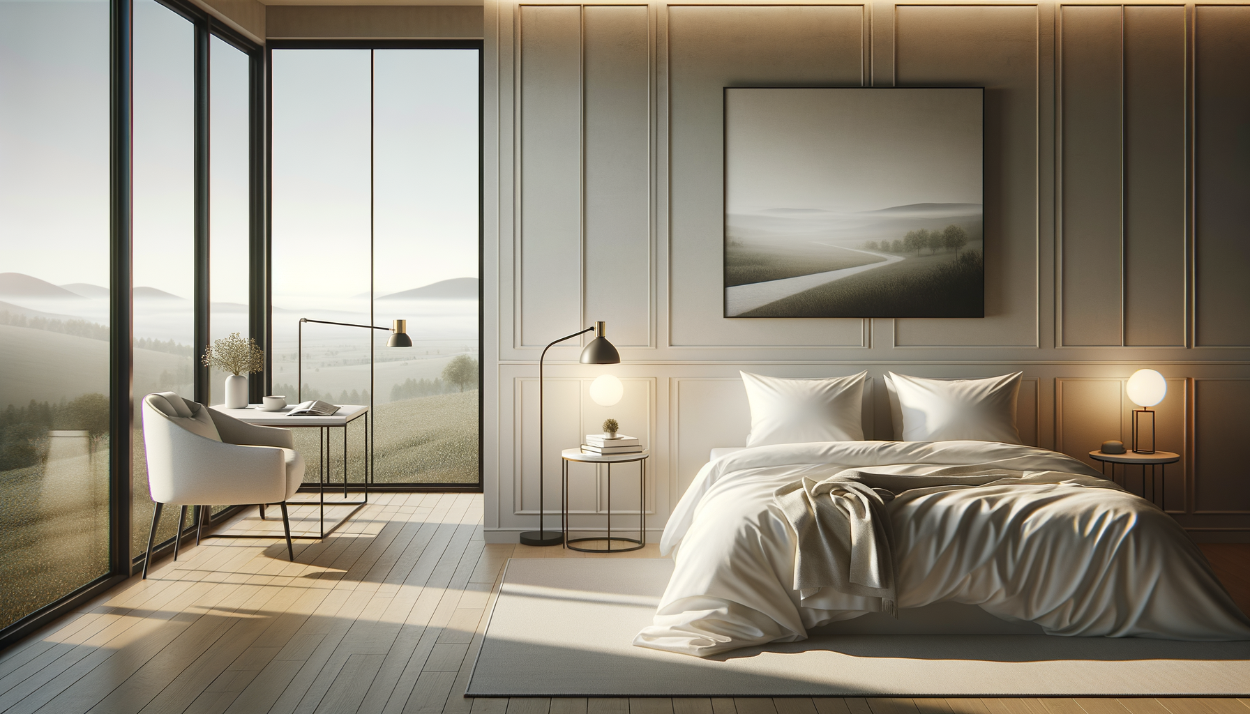 Modern bedroom with large floor-to-ceiling windows overlooking a scenic landscape of rolling hills and mountains, featuring a bed with white bedding, two side tables with lamps, a framed landscape painting on the wall, a small desk with a chair and decorative items, and a light-colored wooden floor.