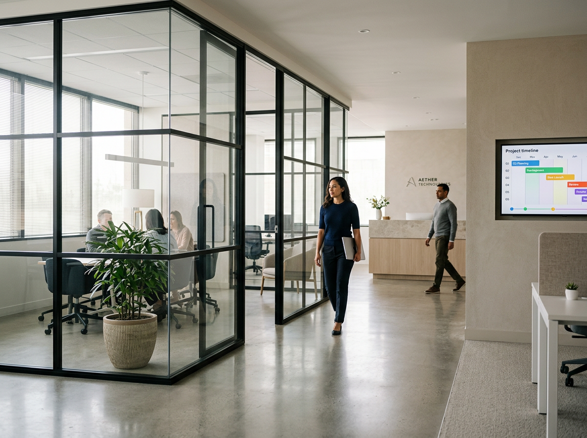 Office lobby with glass-enclosed meeting room, woman walking with a folder, man walking across the lobby, and a digital project timeline on a wall.