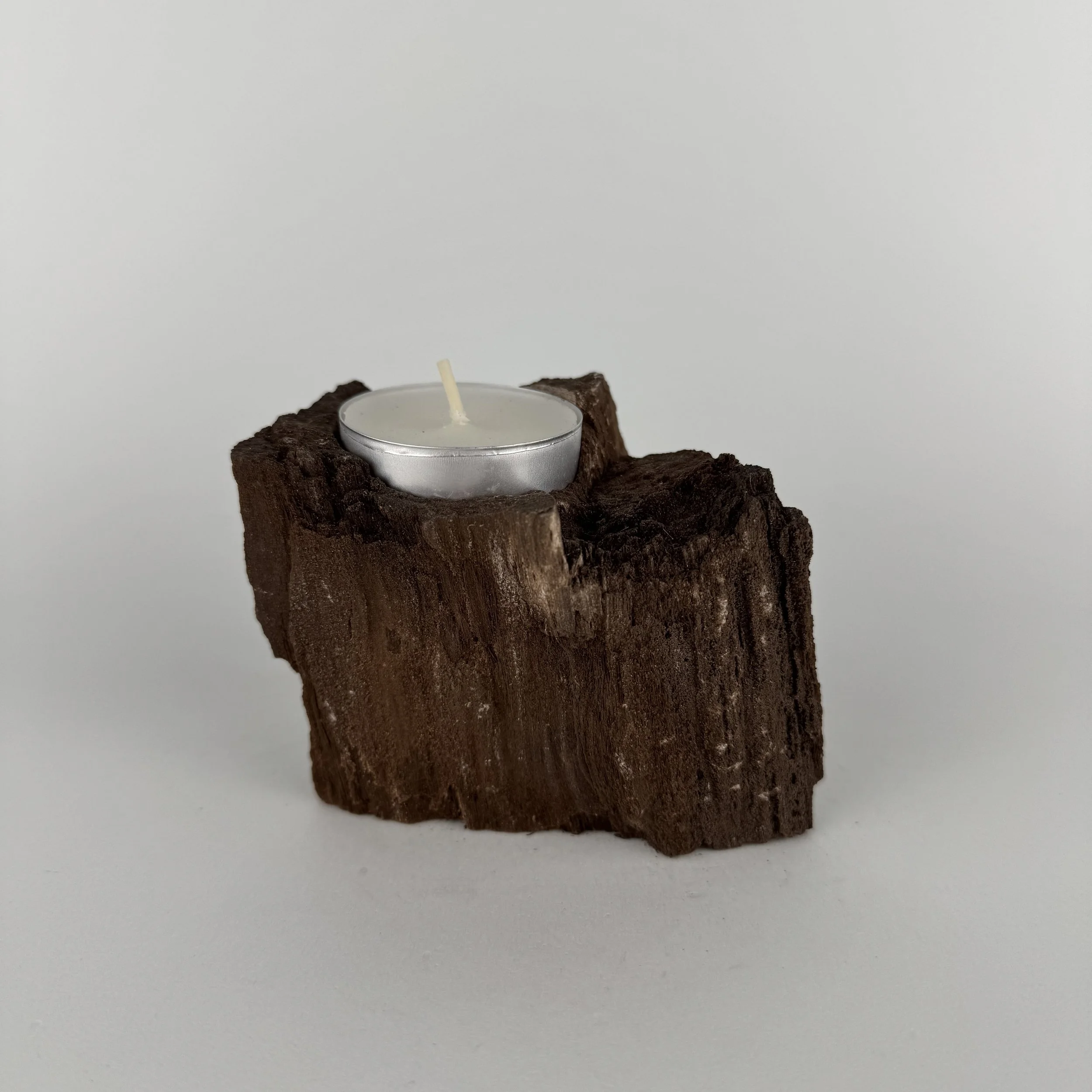 Kerzenhalter aus versteinertem, fossilem Holz