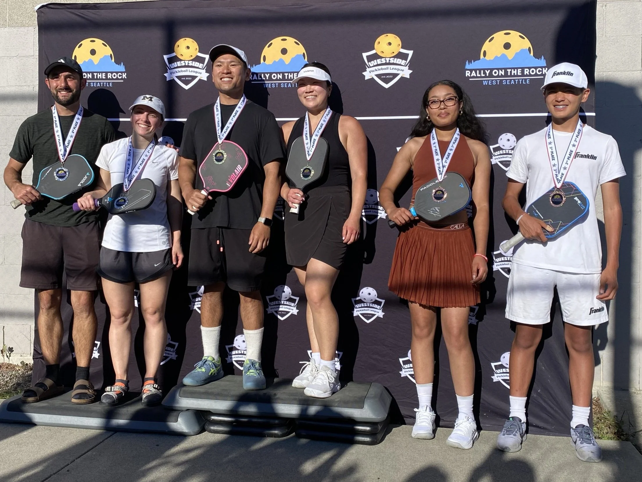 RALLY ON THE ROCK JUNE 2025:  Mixed Doubles, 3.5, 16-32 (l-r)   ~   SILVER: Armin Hosseini & Ellie Senecal.   ~   GOLD: Daniel Nguyen & Lauren Tse.   ~   BRONZE: Morgan Johnson & Jacob Reyes