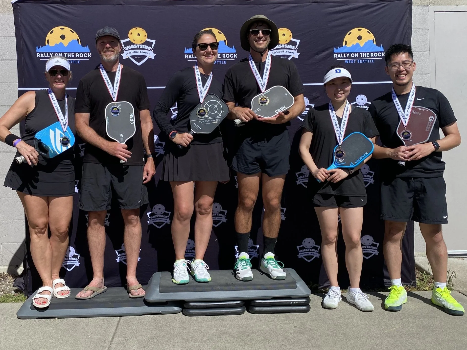 RALLY ON THE ROCK JUNE 2025:  Mixed Doubles, 3.0, 16-49 (l-r)   ~   SILVER: Erin Wagnild & Zach Wagnild.   ~   GOLD: Stephanie Dickman & Ori Tabak.   ~   BRONZE: Joyce Choi & Karl Gapuz.