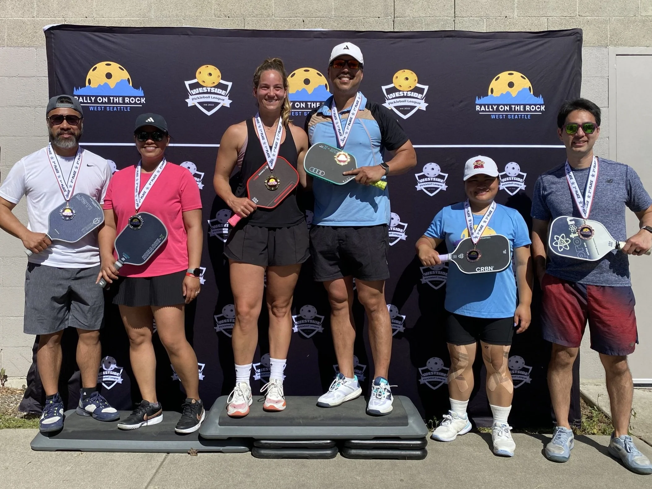 RALLY ON THE ROCK JUNE 2025:  Mixed Doubles, 3.5, 33-47 (l-r)   ~   SILVER: Raymund Templora & Victoria Welsh.   ~   GOLD: Alyssa Leonard & Paolo Dee.   ~   BRONZE: Hong-Nhi Do & Aaron Nakamura-Weiser