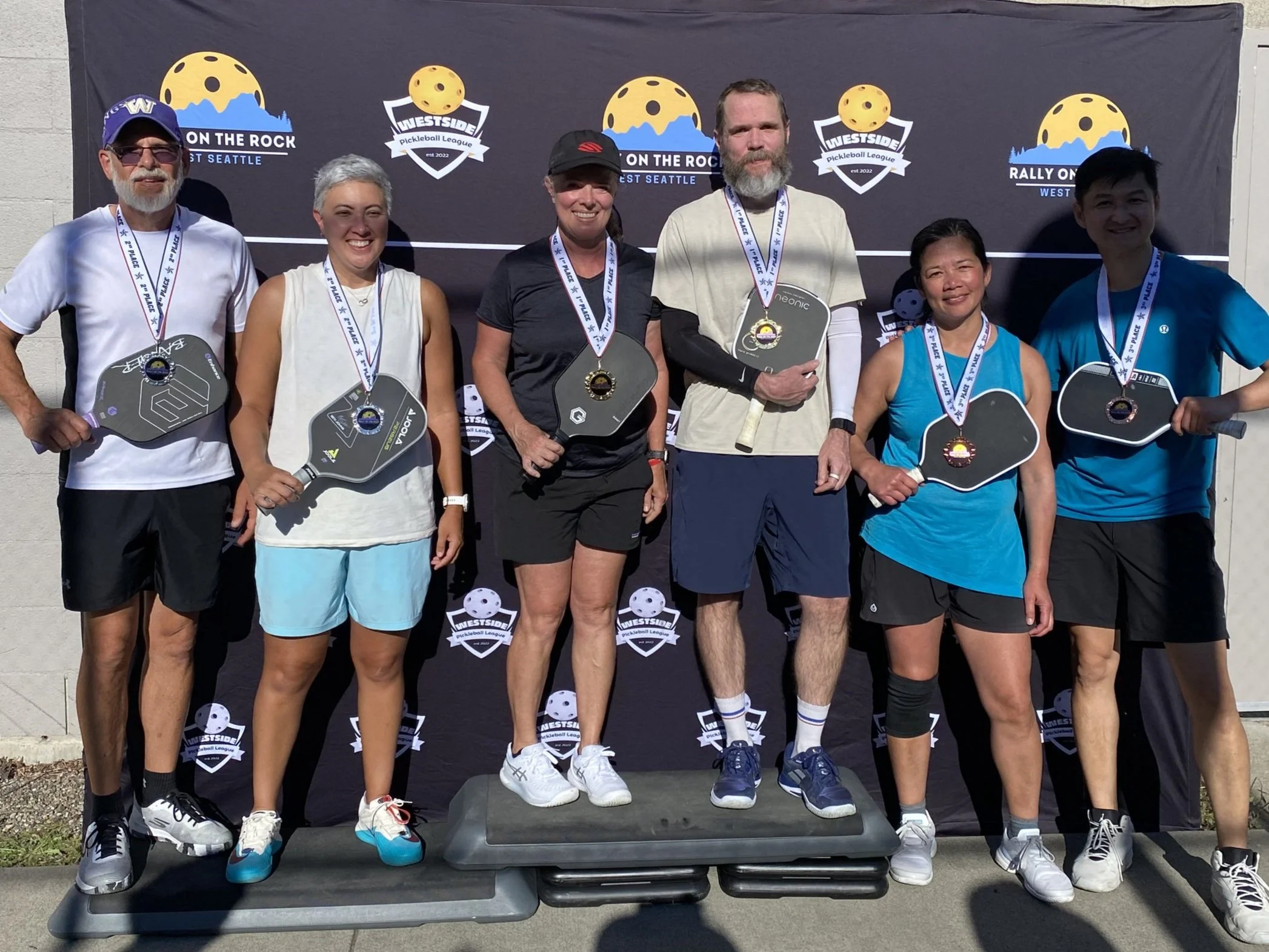 RALLY ON THE ROCK JUNE 2025:  Mixed Doubles, 4.0-4.5, 40+ (l-r)   ~   SILVER: John Kogle & Jane Dale.   ~   GOLD: Beth Nierman & Andrew Nierman.   ~   BRONZE: Carina del Rosario & Nhan Duong