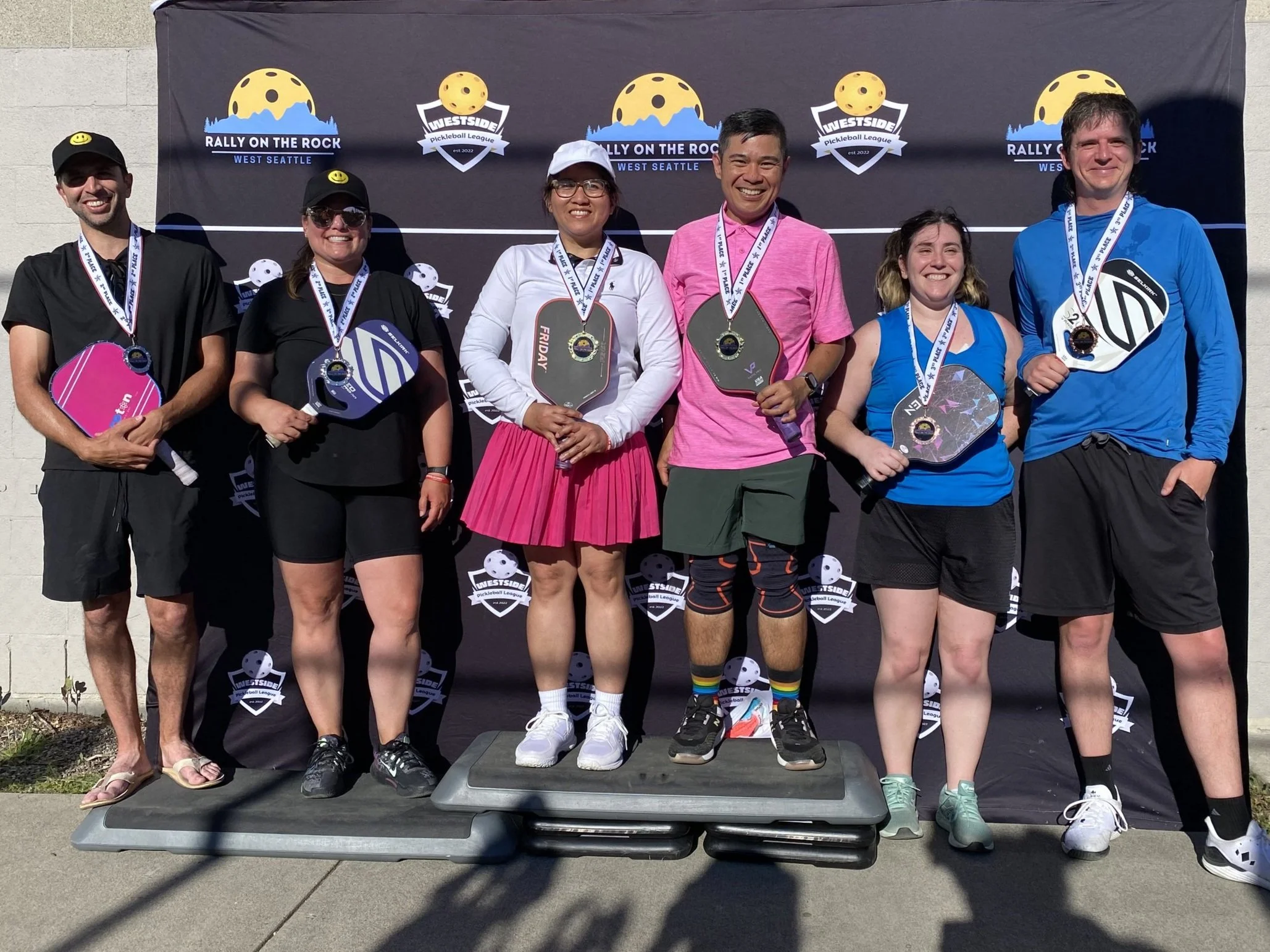 RALLY ON THE ROCK JUNE 2025:  Mixed Doubles, Under 3.0, 16-49 (l-r)   ~   SILVER: Matthew Rucireta & Kristin Lauver.   ~   GOLD: Donna Anagaran & Robert Racadio.   ~   BRONZE: Em Maier & Michael Laverick