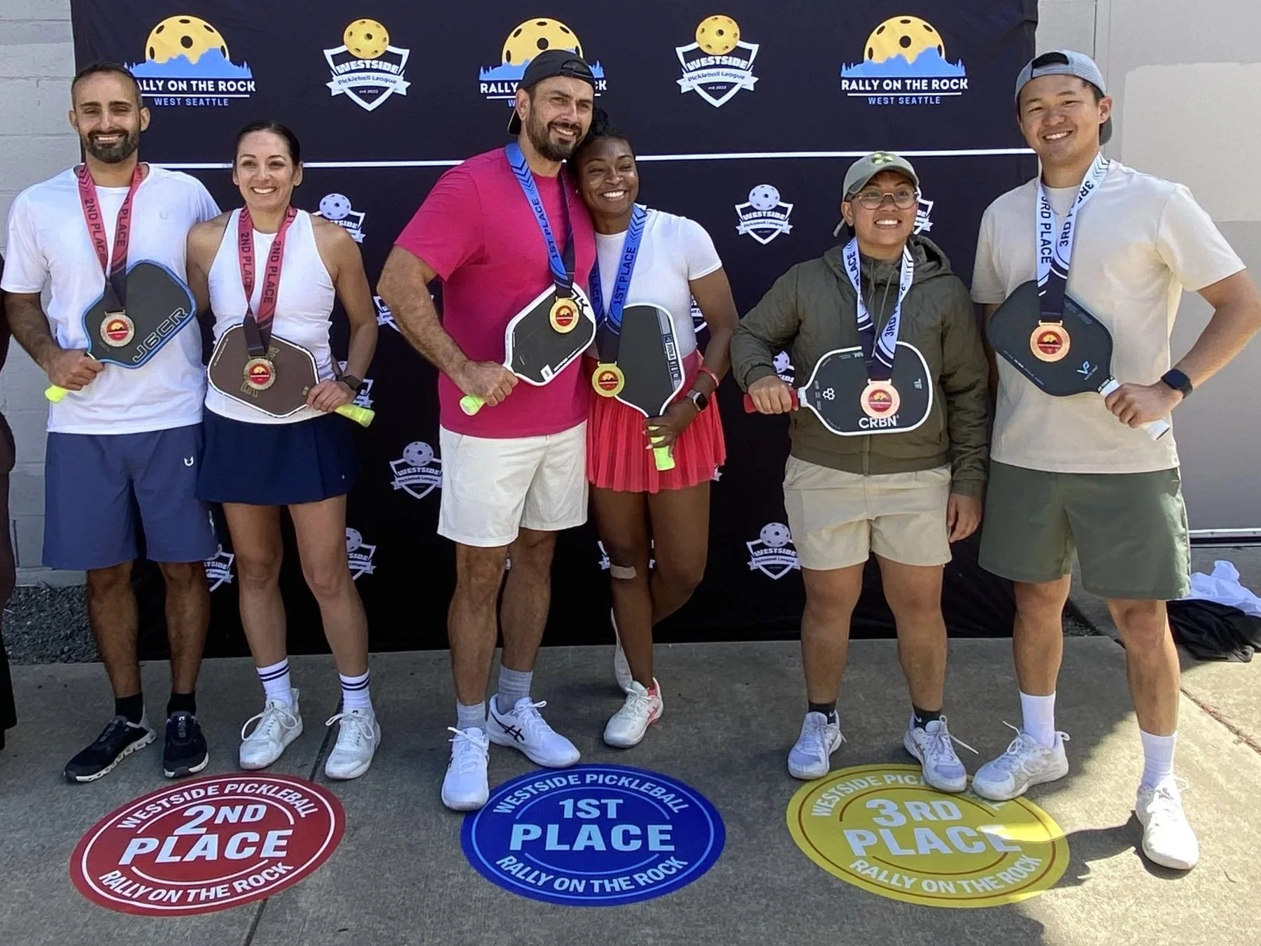RALLY ON THE ROCK JUNE 2026:  Mixed  Doubles, 4.0, 15-39 (l-r)   ~   SILVER: Mounir Rasamny & Erica Sanchez.   ~   GOLD: Boomer Martinez & Mara Curry.   ~   BRONZE: Chak Chhim & Matthew Lam.