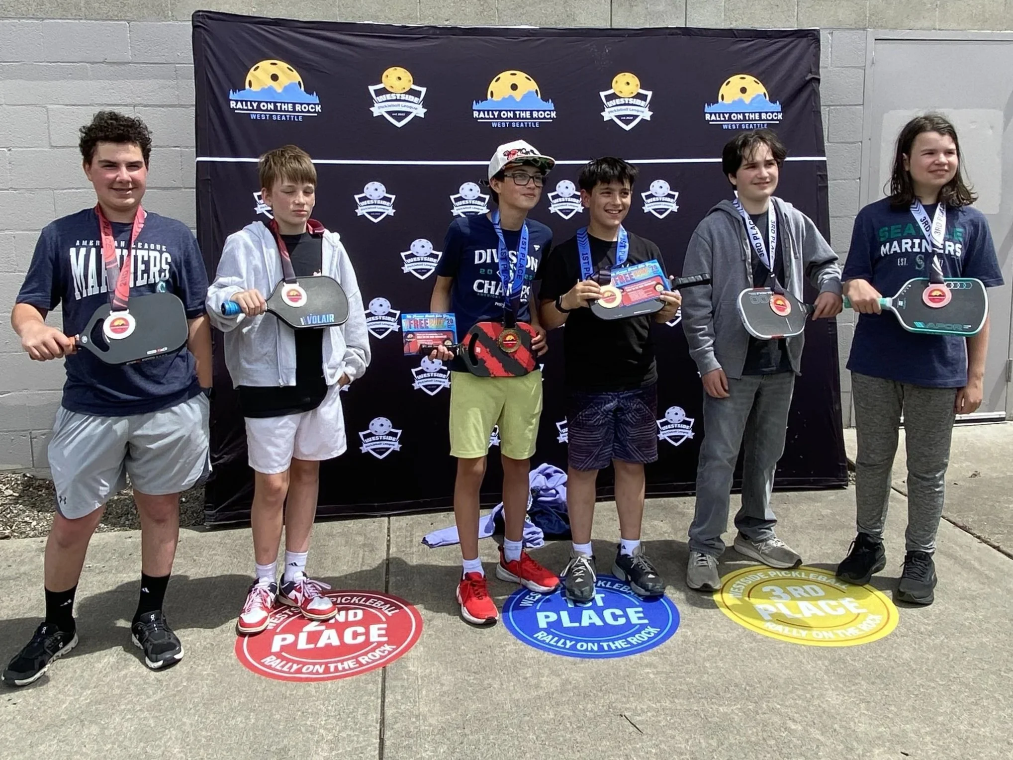 RALLY ON THE ROCK JUNE 2026:  Coed Youth Doubles, Under 3.0, 8-15 (l-r)   ~   SILVER: Mateo Shumays & Jackson Gifford.   ~   GOLD: Michael Fratangelo & Bryant Theofelis.   ~   BRONZE: Connor Hogan & Eli Levenson.