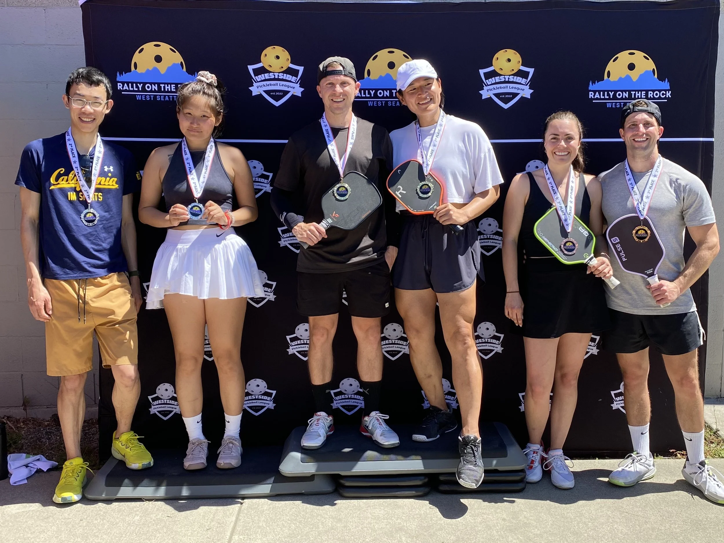 RALLY ON THE ROCK JUNE 2025:  Mixed Doubles, 4.0-4.5, 16-39 (l-r)   ~   SILVER: Bryan Auyeung & Mia Niu.   ~   GOLD: Mike Schmiess & Junie Cheng.   ~   BRONZE: Caitlin Heinly & Alex Nicolaou.