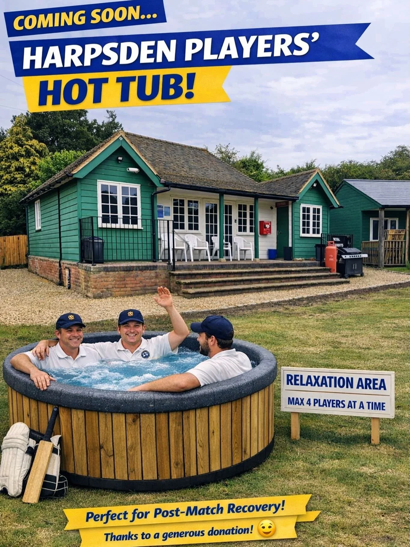 🚨 Club Announcement 🚨
We&rsquo;re thrilled to confirm that Harpsden will be installing a players&rsquo; hot tub next to the pavilion for post‑match recovery 🛁🏏

Thanks to a generous anonymous donation, the league has approved it &mdash; as long a